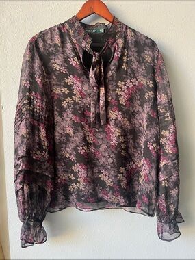 Lauren Ralph Lauren Sheer Floral Tie-Neck Blouse in Black and Pink